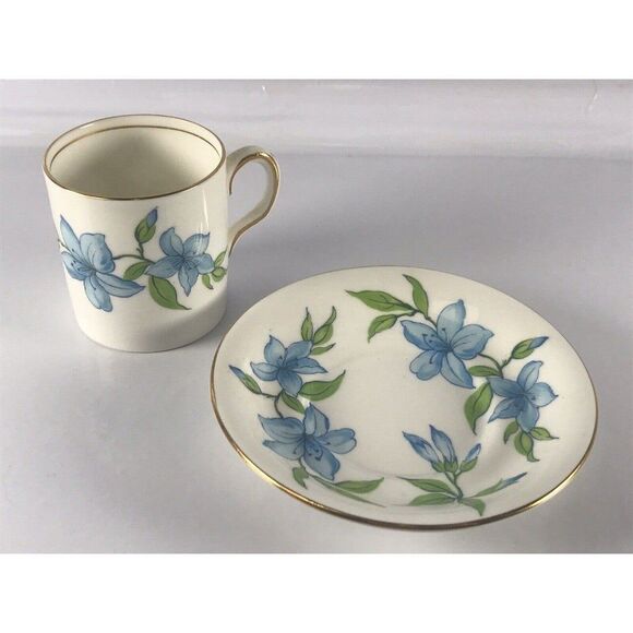 Royal Chelsea Demitasse Coffee Tea Cup Saucer w Blue Lillies Lily VTG - Picture 11 of 12